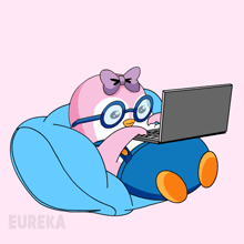 a cartoon of a penguin wearing glasses and a bow is using a laptop