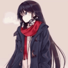 a girl with long hair and headphones is wearing a scarf and a jacket .