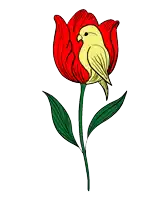a drawing of a red flower with a yellow bird on it