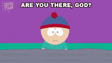 stan marsh from south park is praying with a sign that says south park in the background