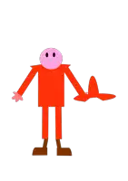 a red cartoon character with a pink face is holding a red object