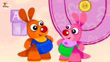 a cartoon kangaroo and a pink kangaroo are standing next to each other in front of a baby 's alphabet block