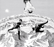 a black and white drawing of two people on top of mountains