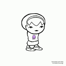 a black and white drawing of a girl with purple hair