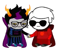 two cartoon characters shaking hands with one wearing a red cape