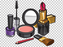 a cartoon illustration of makeup including lipstick nail polish mascara and a mirror