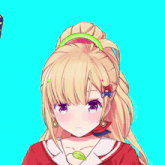 a blonde anime girl with purple eyes and a red shirt