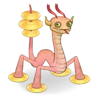 a cartoon drawing of a pink monster with horns holding a stack of cymbals