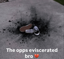 a pair of shoes laying on the ground with the words " the opps eviscerated bro " below them