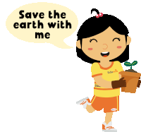 a cartoon of a girl holding a potted plant with the words save the earth with me above her