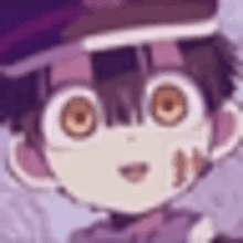 a close up of a cartoon character 's face with big eyes and a purple background .