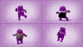 four purple cartoon characters on purple backgrounds