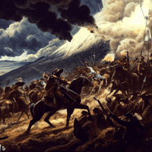 a painting of a battle with a mountain in the background and the letter b on the bottom