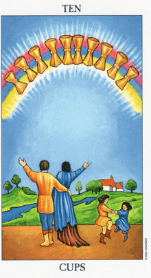 a tarot card shows a family standing under a rainbow and says ten cups