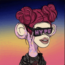 a cartoon of a woman wearing sunglasses with the word hype on them