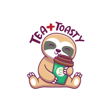 a cartoon sloth holding a cup of tea with the words tea + toasty surrounding it