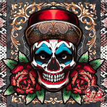 a clown skull with roses and a hat with joker color written on it