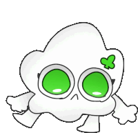 a drawing of a white object with green eyes and a clover on its head