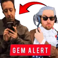 a man holding a magnifying glass next to a sign that says " gem alert "