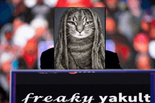 a picture of a cat with dreadlocks behind a sign that says " freaky yakult "