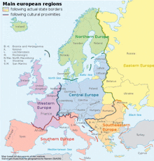 a map showing the main european regions including actual state borders following cultural proximities