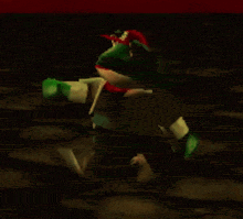 a video game character with green gloves and a red hat