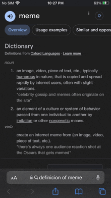 a phone screen shows the definition of meme on the screen