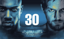 the number 30 is on a blue background with two men