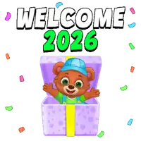 a cartoon of a teddy bear coming out of a gift box with the words welcome 2026 behind him