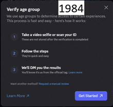 a computer screen that says verify age group 1984 on it