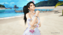 a woman in a white dress is standing on a beach with chinese writing on the bottom