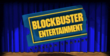 a blockbuster entertainment sign on a stage