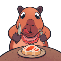 a cartoon of a bear holding a knife and fork eating a steak