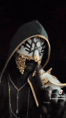 a person wearing a black and gold costume with a hood