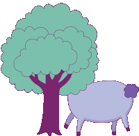 a purple sheep standing next to a tree