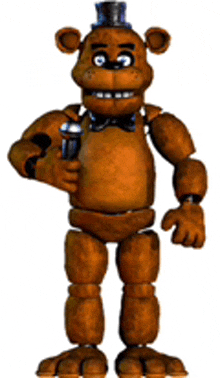 five nights at freddy 's freddy bear is holding a microphone and wearing a top hat .