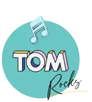 a logo for tom rocks with music notes floating around