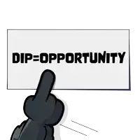 a cartoon hand is holding a sign that says dip = opportunity