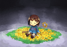 a little girl is sitting in a field of flowers