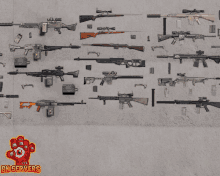 a bunch of guns on a wall with the bn servers logo on the bottom