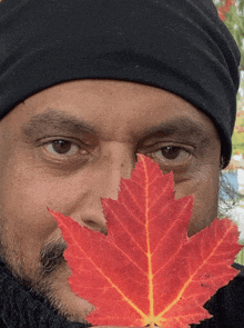 a man in a black hat is holding a red maple leaf in front of his face