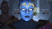 a woman with a blue face and white eyes stands in front of a bm8 sign