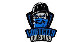 a logo for lost city roleplay has a skull with a bandana on his face