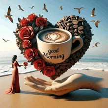 a woman is holding a cup of coffee in the shape of a heart with the words good morning written on it