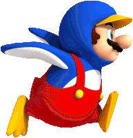 a cartoon character in a penguin costume is running