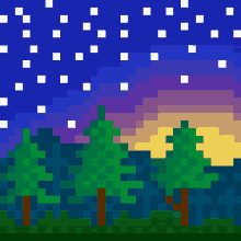 a pixel art of a night sky with trees in the foreground and stars in the background