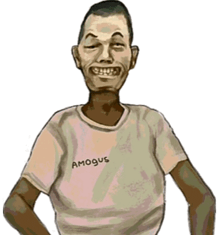 a man wearing a t-shirt that says amogus on it