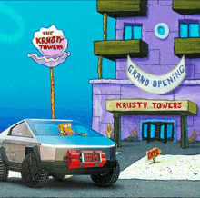 a krusty towers sign is above a car in front of a building