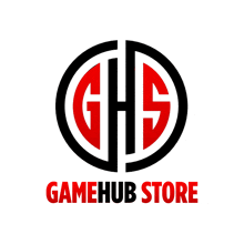 a logo for gamehub store with a black and red logo