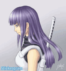 a drawing of a girl with purple hair and the word stickergram below it